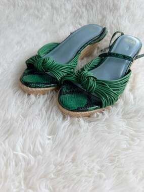 Frances Valentine Green Snakeskin Knotted Espadrille Wedge Sandals